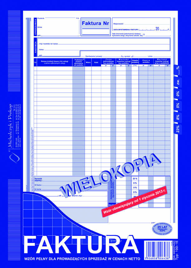 Faktura VAT wzór pełny dla osób prowadżących sprzedaż w cenach netto MiP 100-1E A4 wielokopia