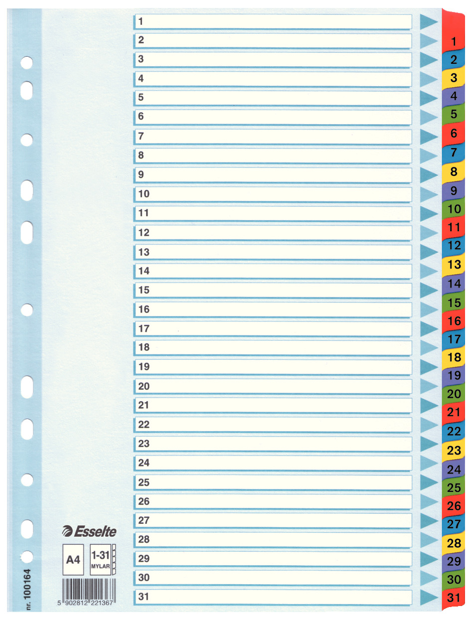 Przekładki numeryczne Esselte Mylar A4/1-31 kolorowe