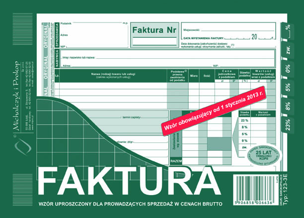 Faktura VAT wzór pełny dla osób prowadżących sprzedaż w cenach brutto MiP 123-3E A5