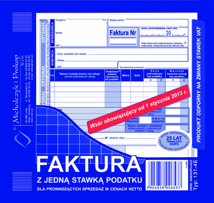 Faktura VAT z jedną stawką podatku dla prowadzących sprzedaż w cenach netto 131-4E 2/3 A5