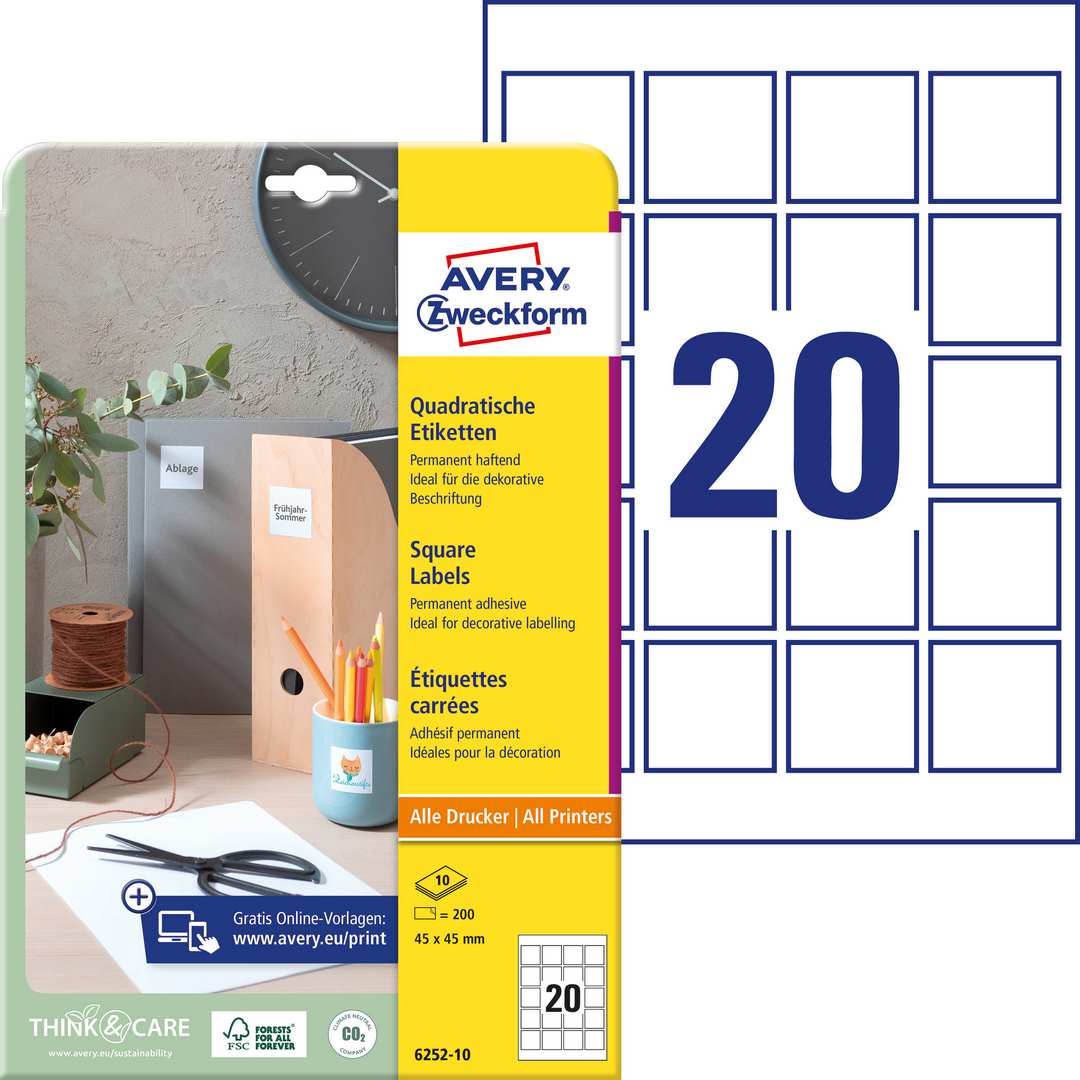 Etykiety samoprzylepne kwadratowe 45x45 200szt. biała Avery Zweckform