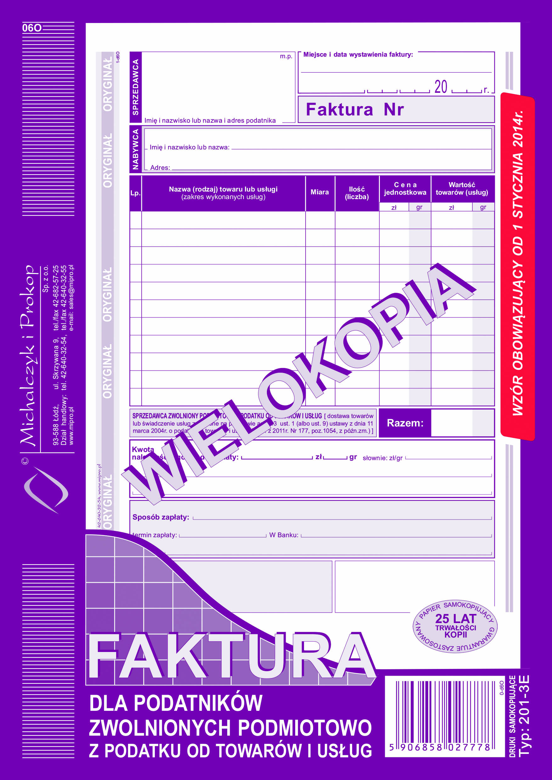 Faktura dla podatników zwolnionych podmiotowo z podatku od towarów i usług MiP 201-3E A5