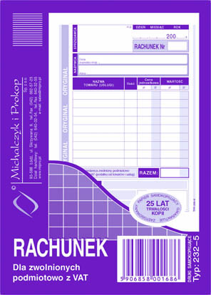 Rachunek dla zwolnionych podmiotowo z VAT MiP 232-5 A6