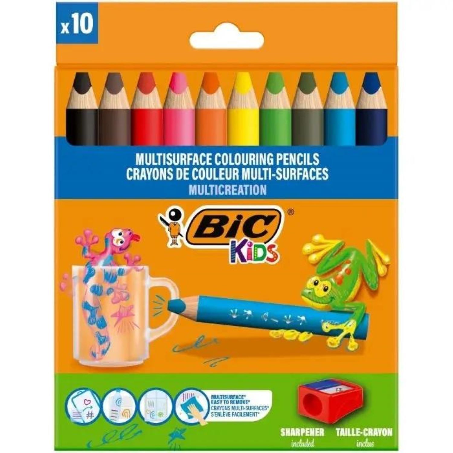 Kredki ołów. Jumbo 10kol. do różnych powierzchni + temperówka Bic Kids