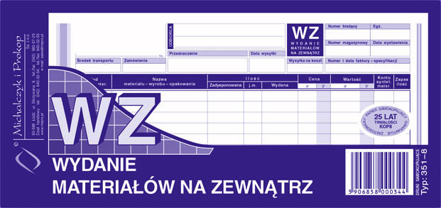 Wydanie materiału na zewnątrz WZ MiP 351-8 1/3 A4