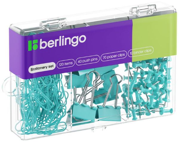 Zestaw Berlingo - 40 pinezek, 70 spinaczy, 10 klipów niebieski 353629
