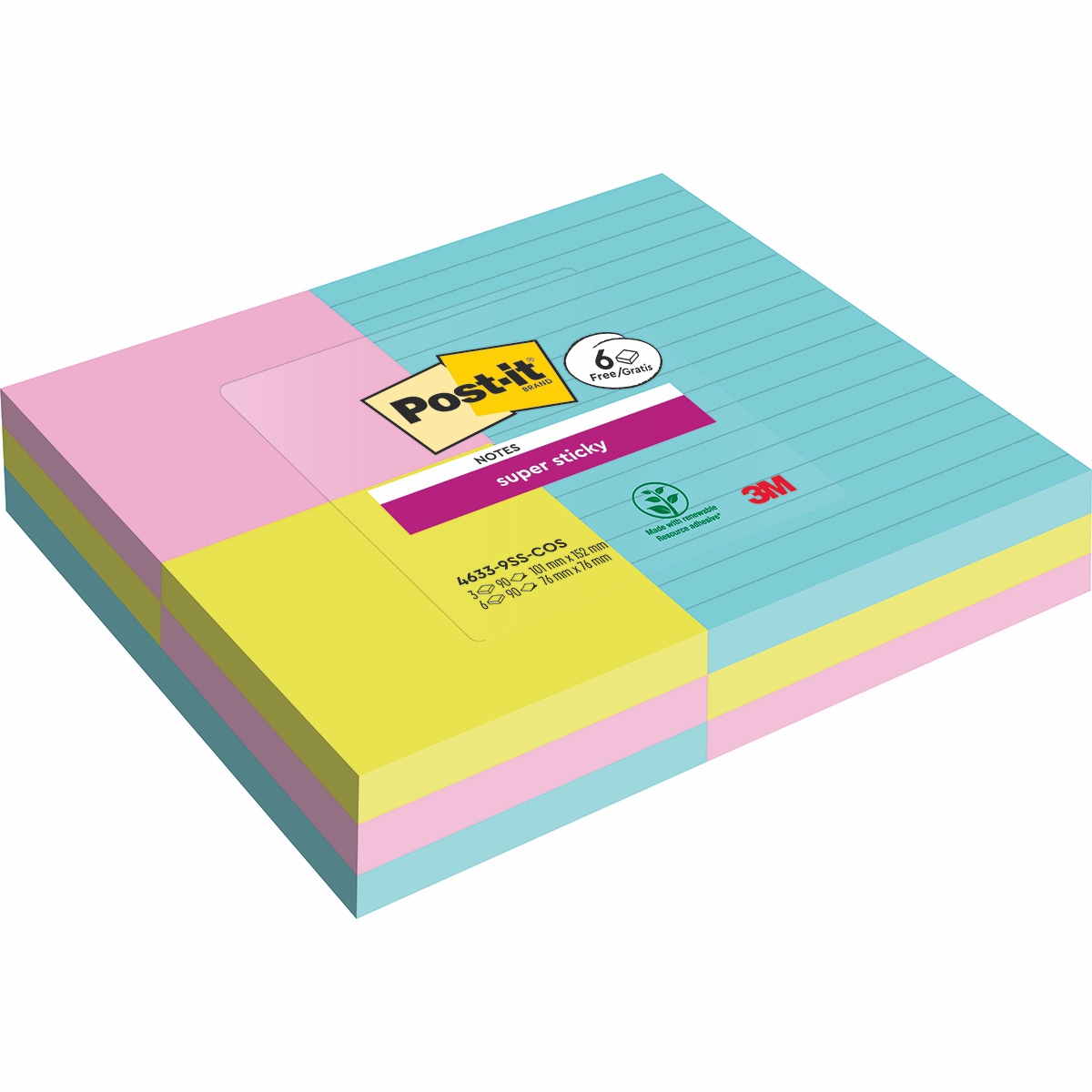 Karteczki samoprzylepne Post-it Super Sticky, 9x90 kolorowych karteczek (3x90k: 101x152 mm, 6x90k: 76x76 mm)