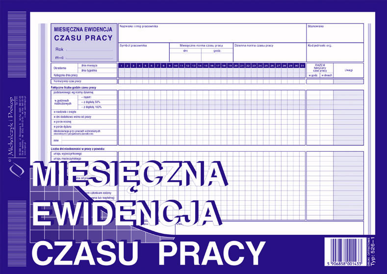 Miesięczna ewidencja czasu pracy MiP 526-1 A4