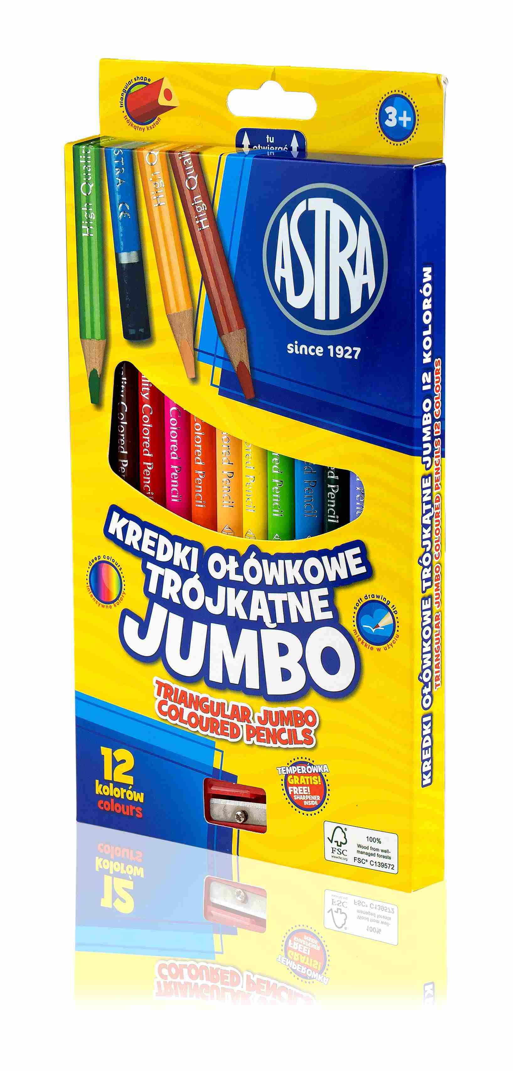 Kredki ołówkowe trójkątne Astra Jumbo 12 kolorów + temp 312110007