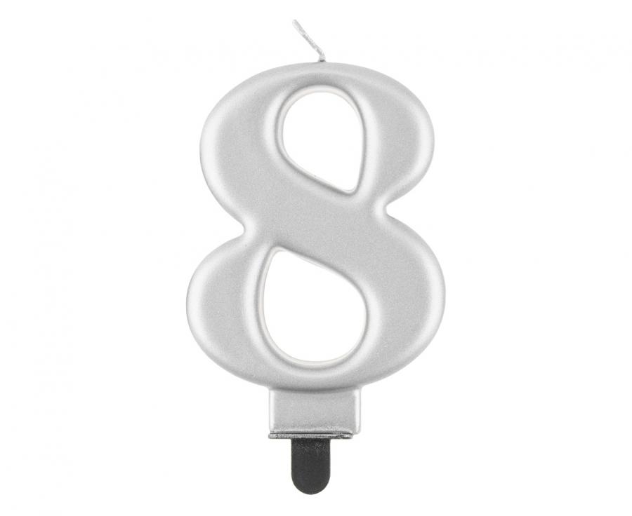 Świeczka cyferka 8, metalik srebrna 8cm GoDan