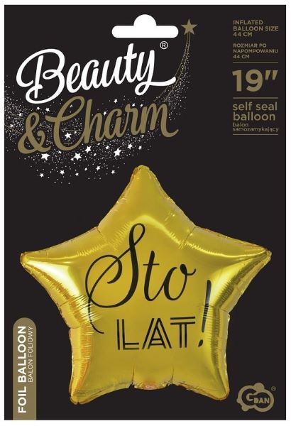 Balon foliowy Sto lat, gwiazda złota, nadruk czarny 19" Godan FG-GSLC