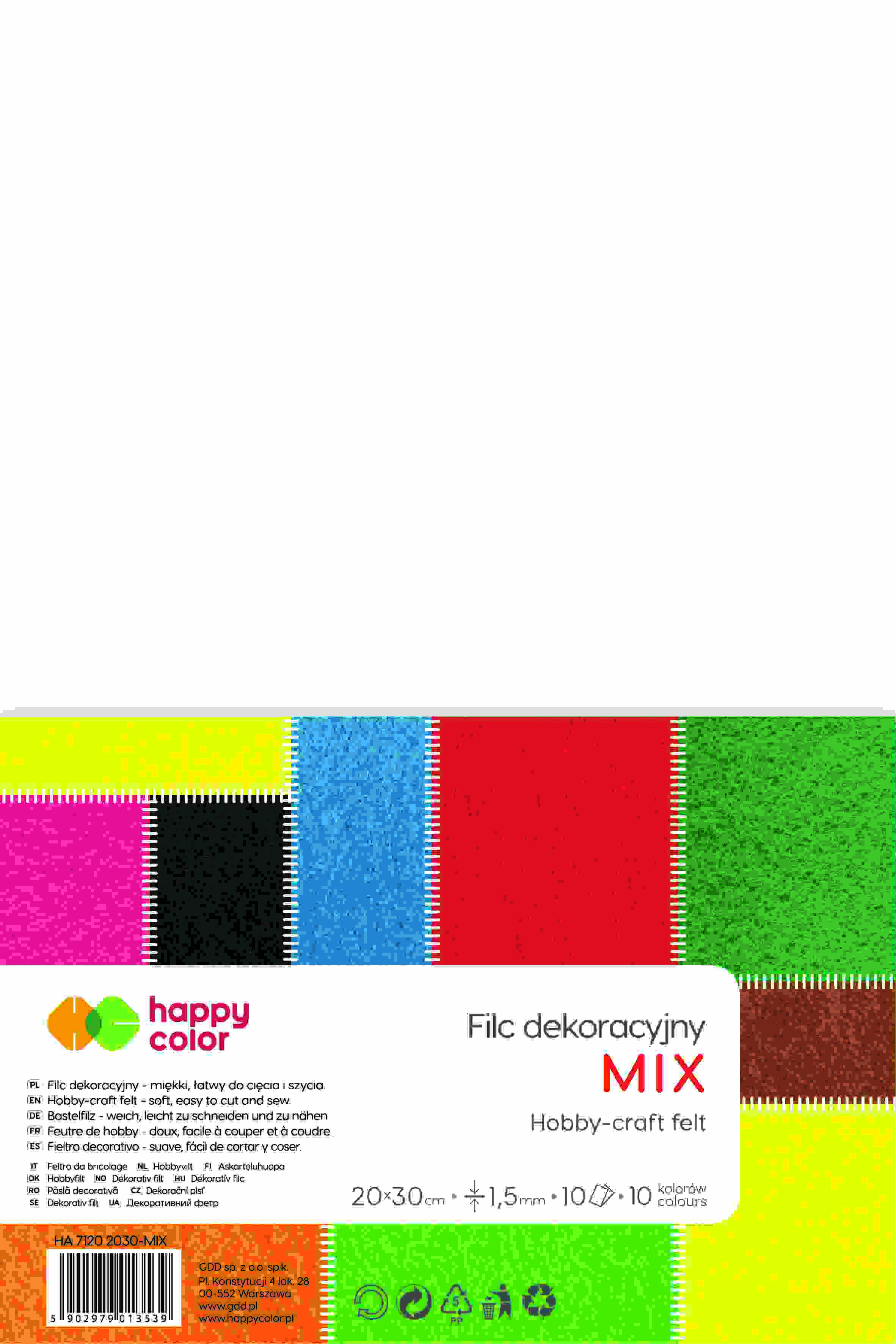 Filc dekoracyjny 20x30cm 1,5mm 10 ark. MIX Happy Color