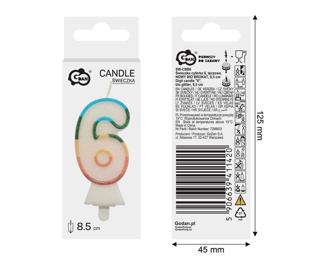 Świeczka cyferka 6 tęczowa Nowy Bio Brokat 8,5cm SW-CBB6 Godan