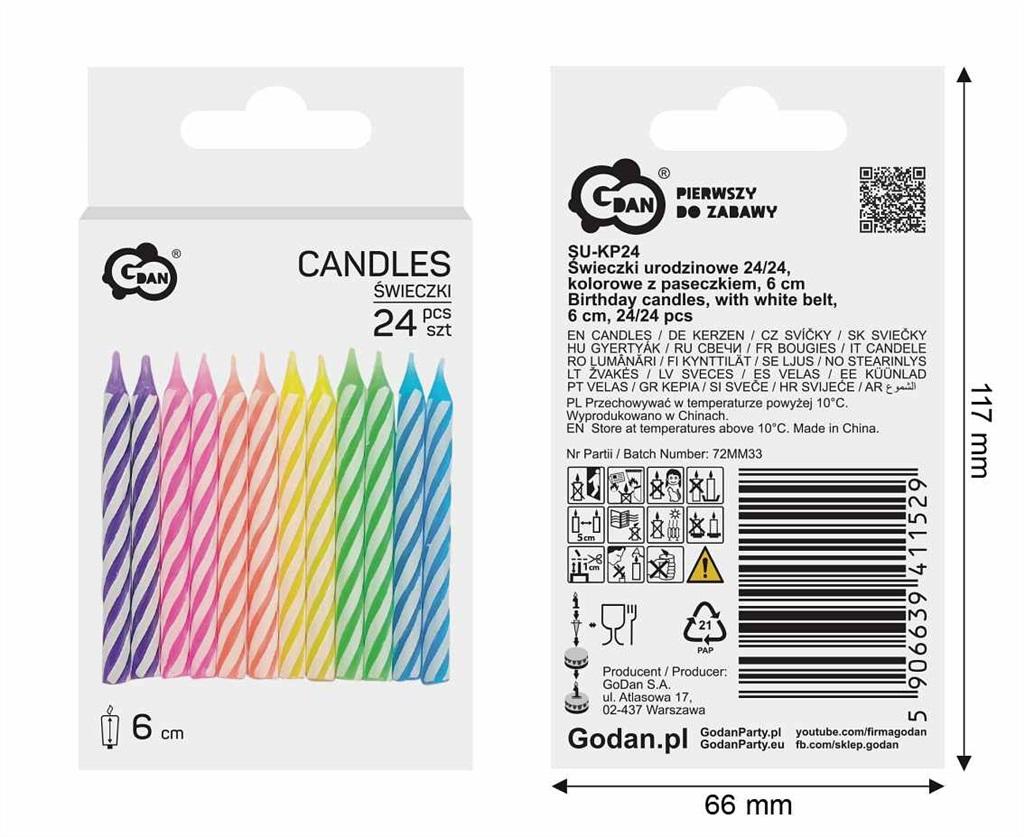 Świeczki urodzinowe 24/24 kolorowe z paseczkiem 6cm SU-KP24 GoDan