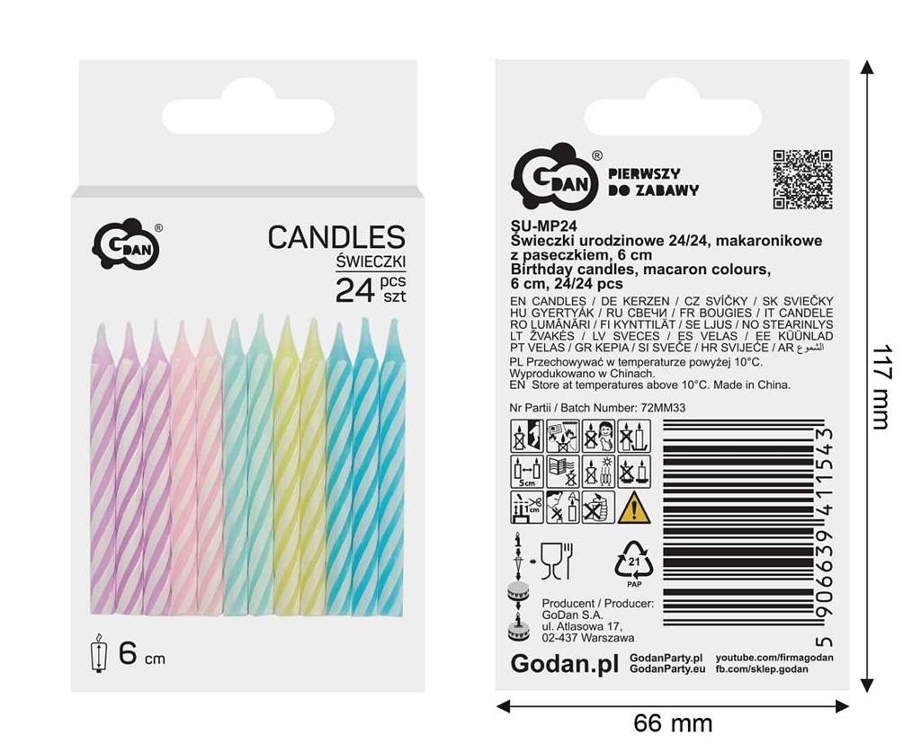 Świeczki urodzinowe 24/24 makaronikowe z paseczkiem 6cm SU-MP24 GoDan