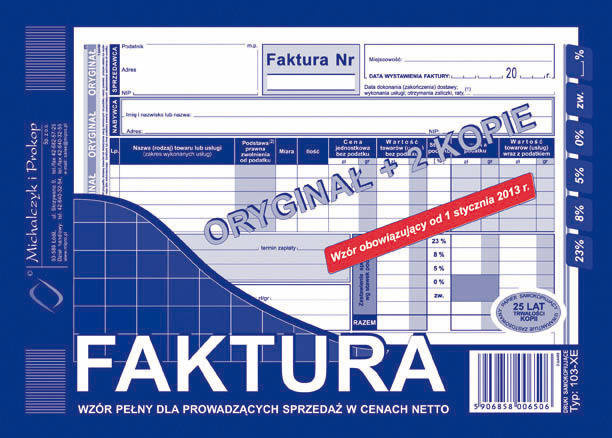 Faktura VAT wzór pełny dla osób prowadżących sprzedaż w cenach netto MiP 103-XE A5