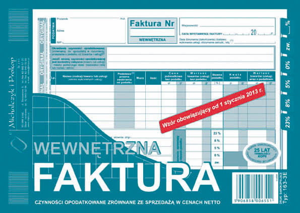 Faktura wewnętrzna dowód naliczenia podatku od towarów i usług 163-3E A5