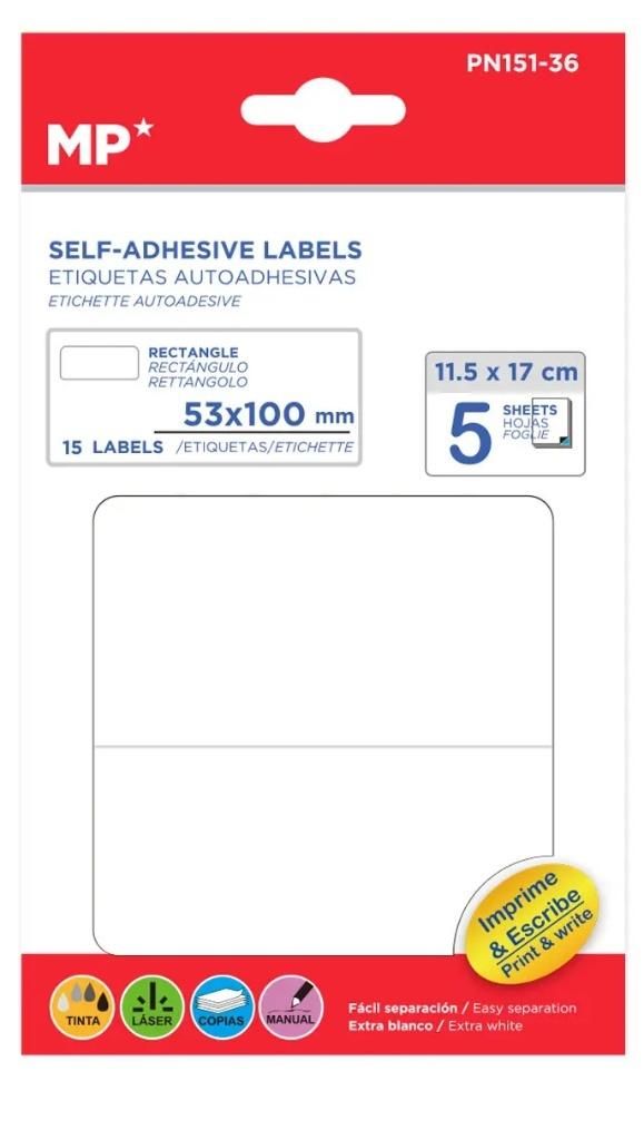 Etykiety samoprzylepne 53x100 mm 5 arkuszy PN151-36 MP