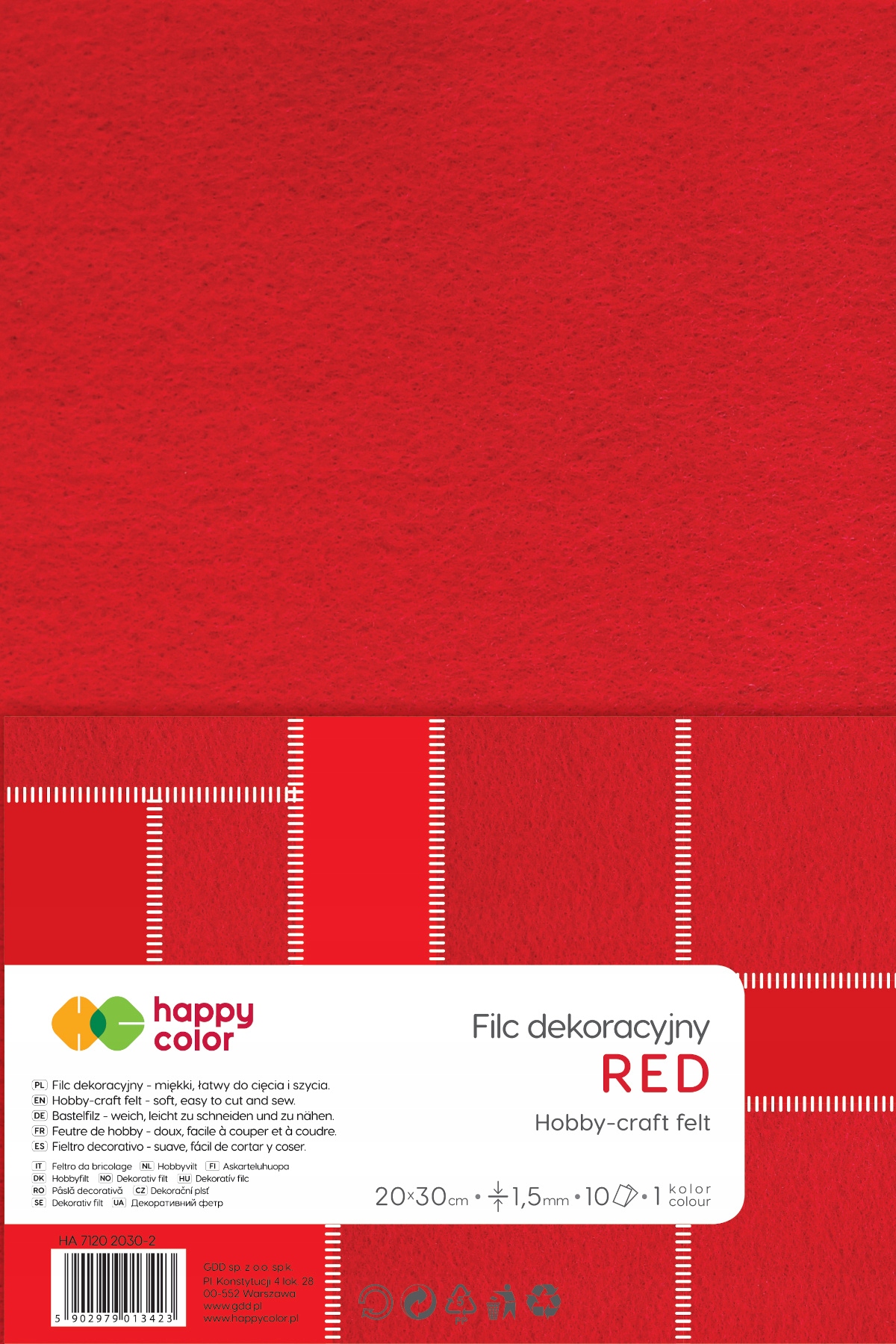 Filc dekoracyjny 20x30cm 1,5mm 10 ark. czerwony Happy Color