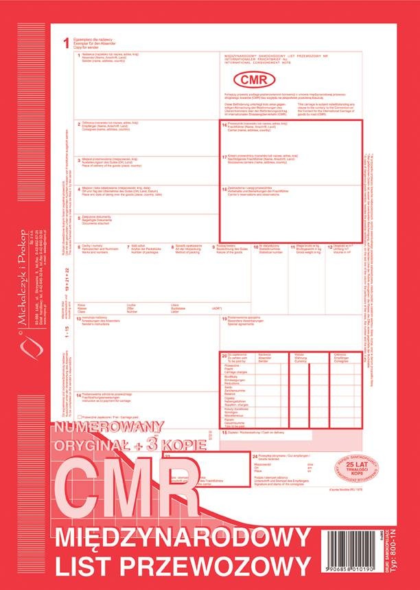 CMR Międzynarodowy list przewozowy, numerowany 800-1N A4