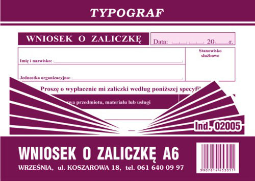 Wniosek o zaliczkę Typograf A6