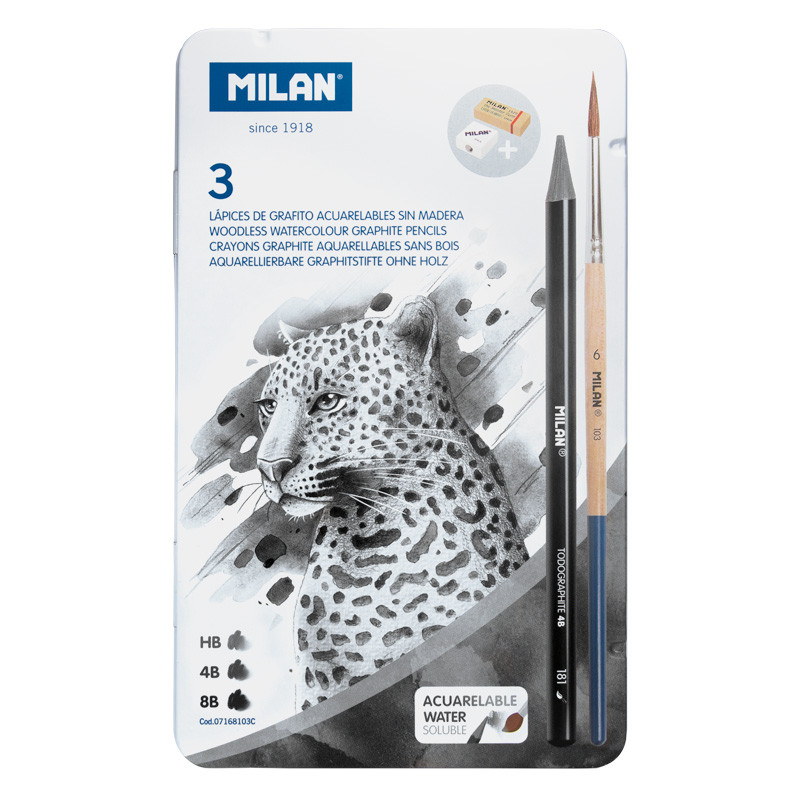 Zestaw MILAN 3 ołówków bezdrzewnych TODOGRAPHITE: HB, 4B, 6B z pędzelkiem w metalowym op.