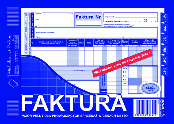 Faktura VAT wzór pełny dla osób prowadżących sprzedaż w cenach netto MiP 103-3E A5