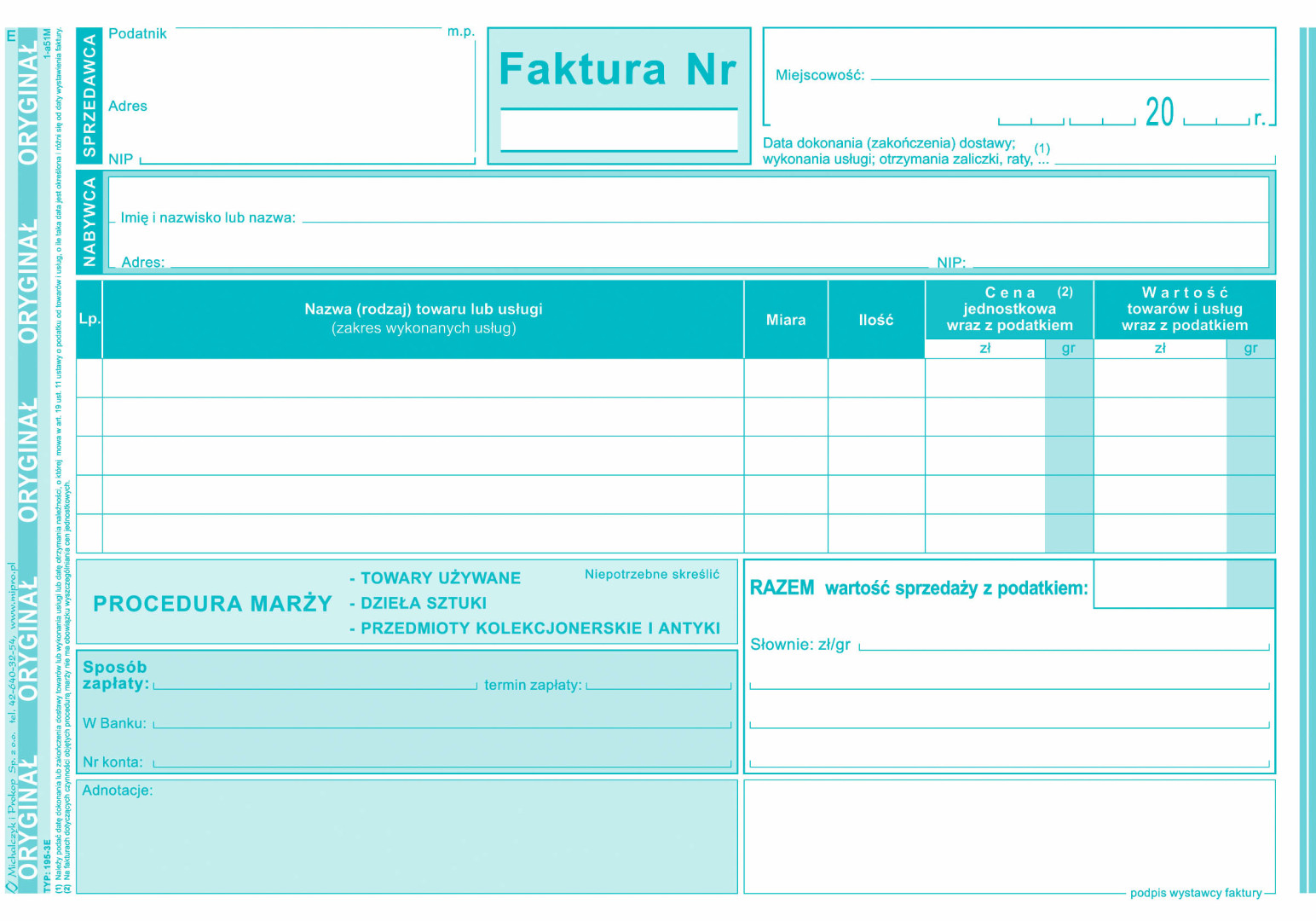 Faktura VAT procedura marży - towary używane MIP 195-3E A5