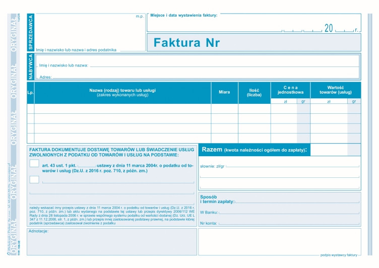 Faktura czynności zwolnionych z podatku MIP 198-3E A5