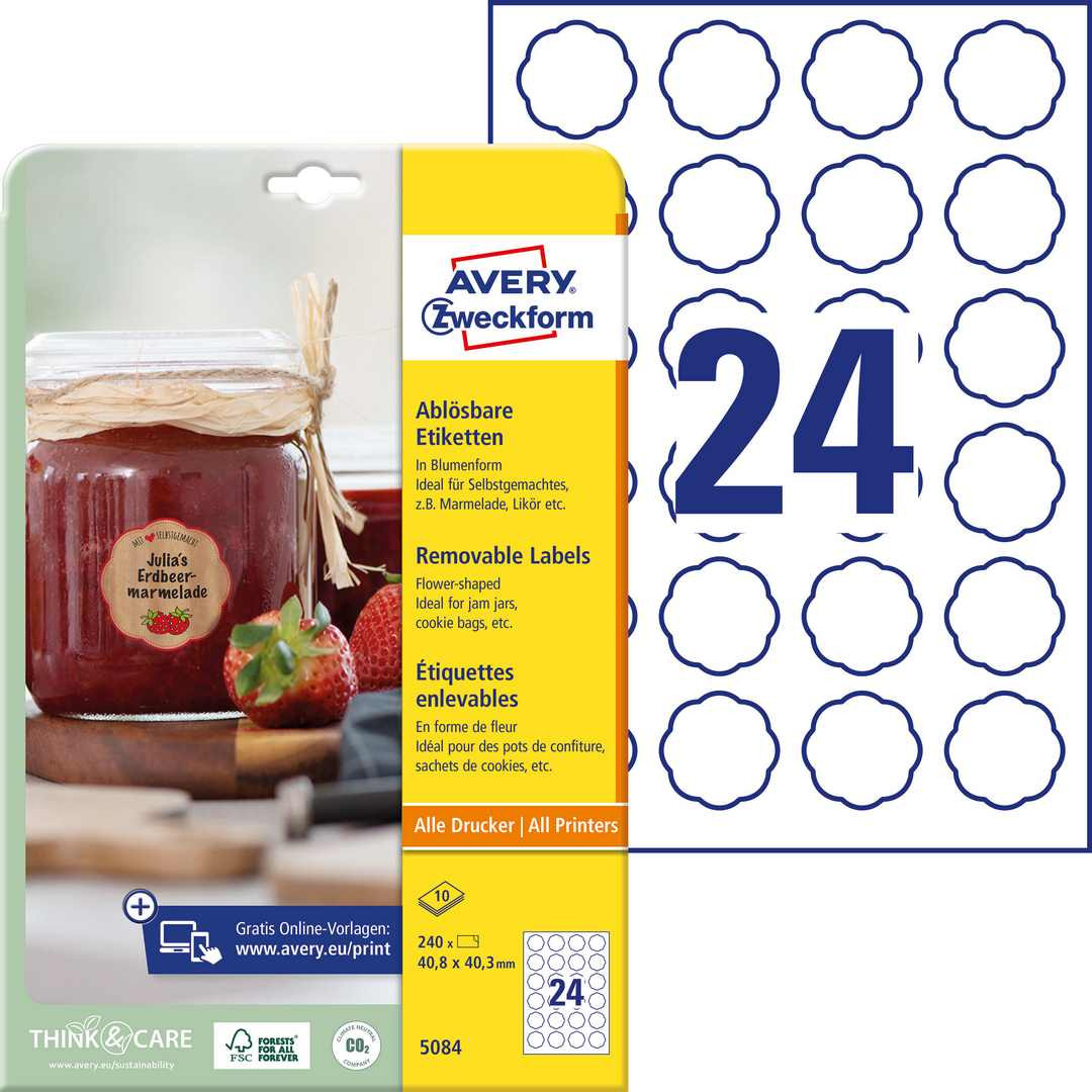 Etykiety na przetwory i słoiki usuwalne Avery 40,8x40,3 mm 10 arkuszy 5084