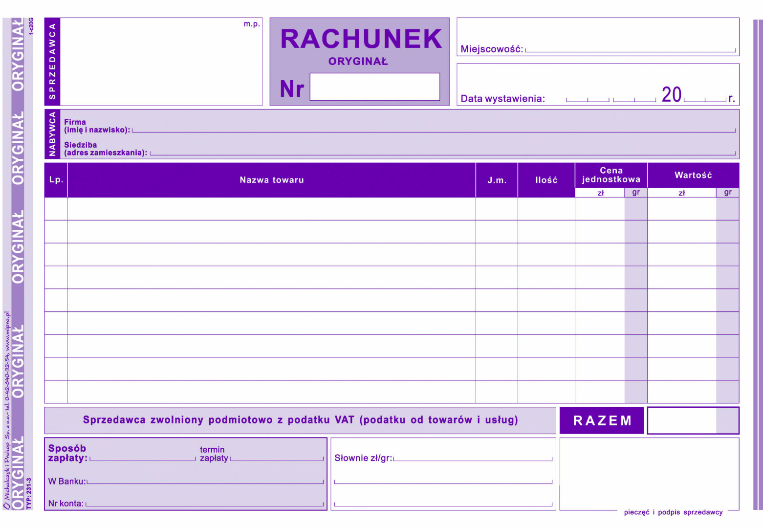 Rachunek dla zwolnionych podmiotowo z VAT MiP 231-3 A5