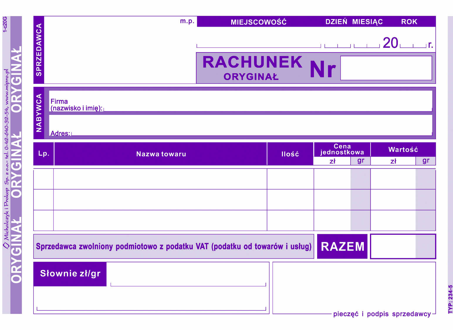Rachunek dla zwolnionych podmiotowo z VAT MiP 234-5 A6