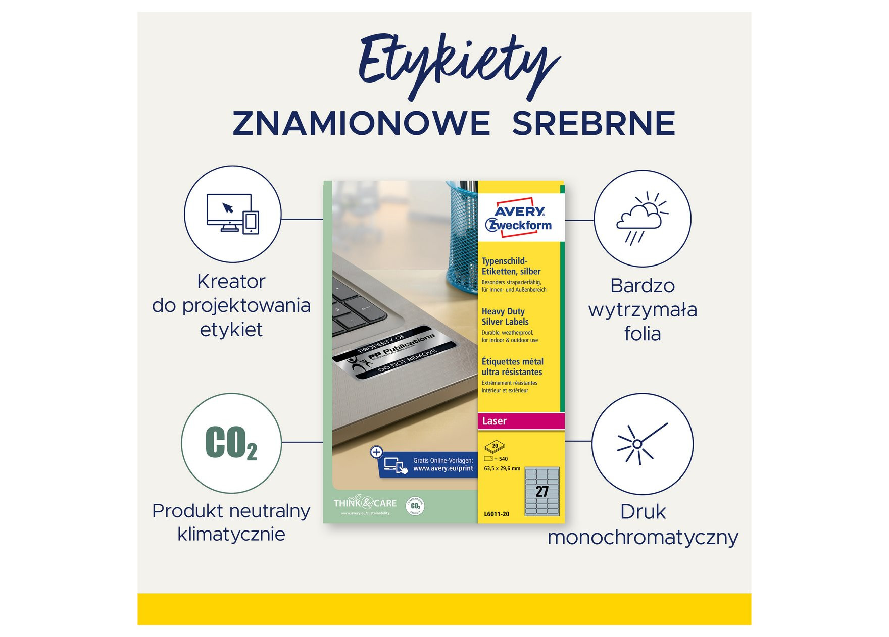 Etykiety znamionowe srebrne Avery Zweckform 25,4x10 mm