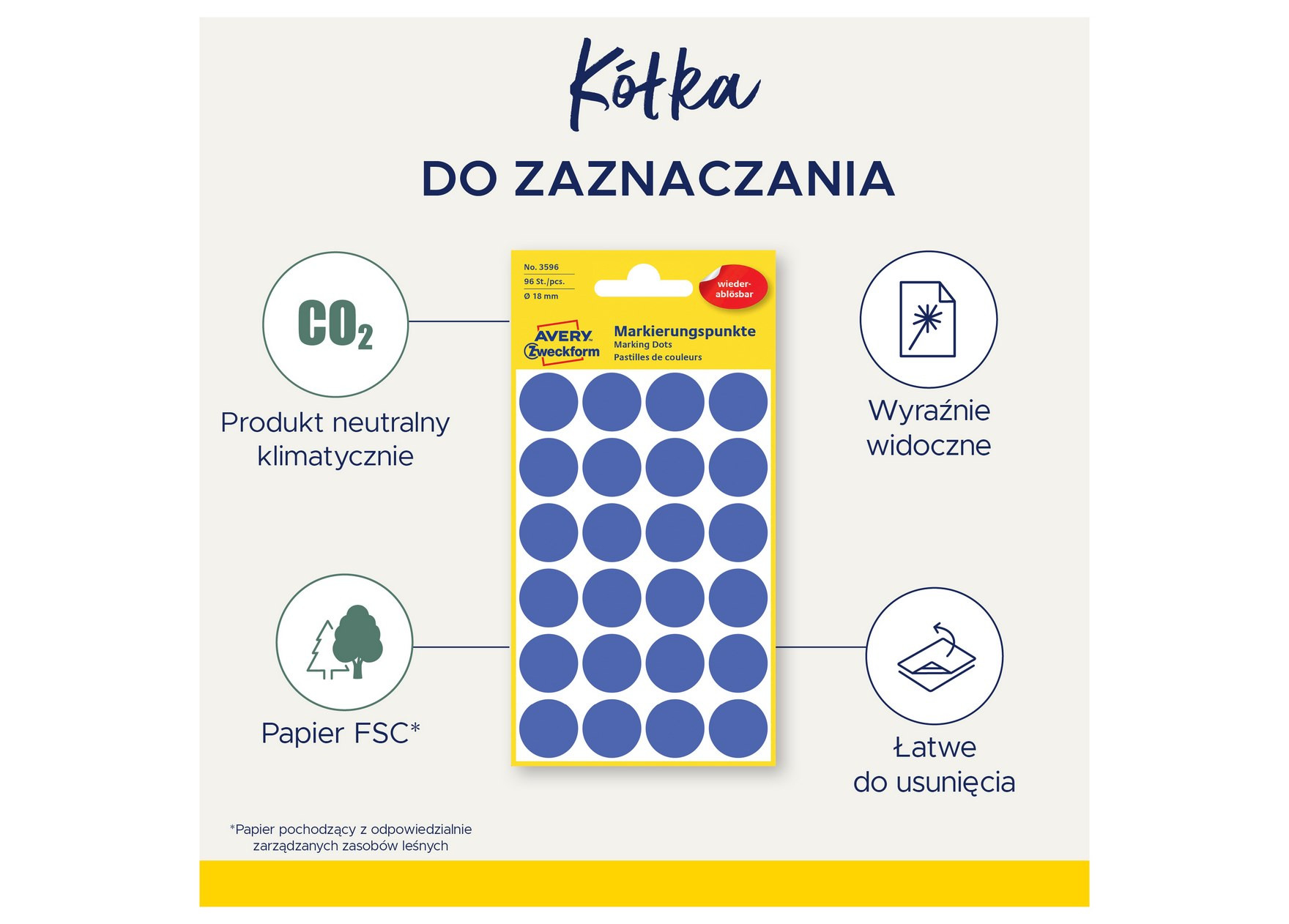 Etykieta biurowa Kropki (koła) śr. 18mm (96szt.) zielone 3597 Avery