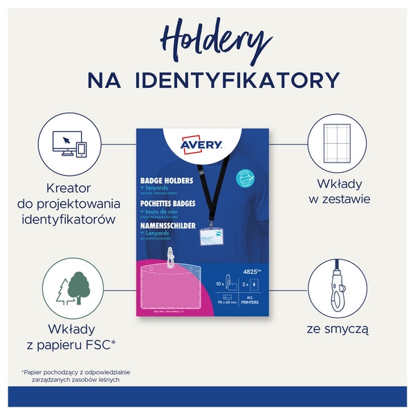 Zestaw Identyfikatorów z taśmą 10 kieszeni z taśmą+16 wkł. 60x90 mm przezroczyste 4825 Avery Zweckform