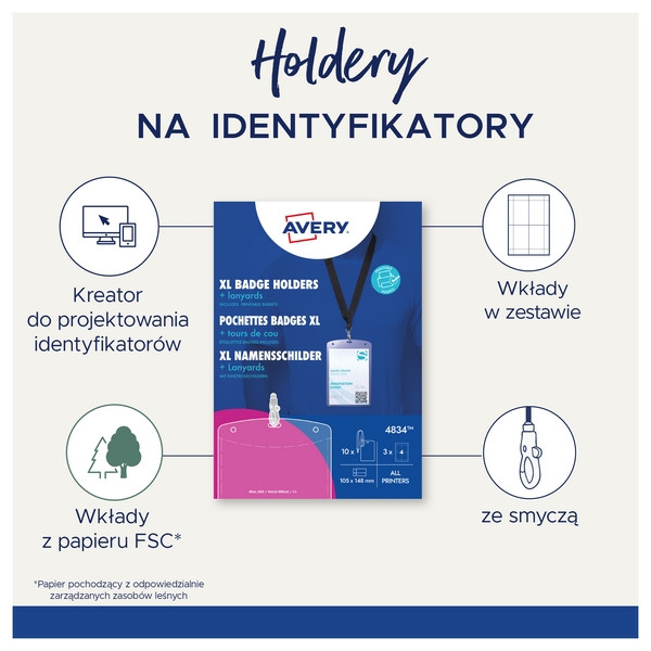 Zestaw identyfikatorów XL  ze smyczą  A6 (10szt+12 wkł.) 4834 Avery Zweckform