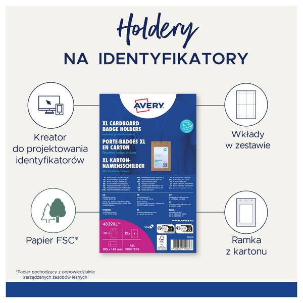 Zestaw holderów na identyfikatory tekturowe XL A6 (50szt+52 wkł.) Avery Zweckform