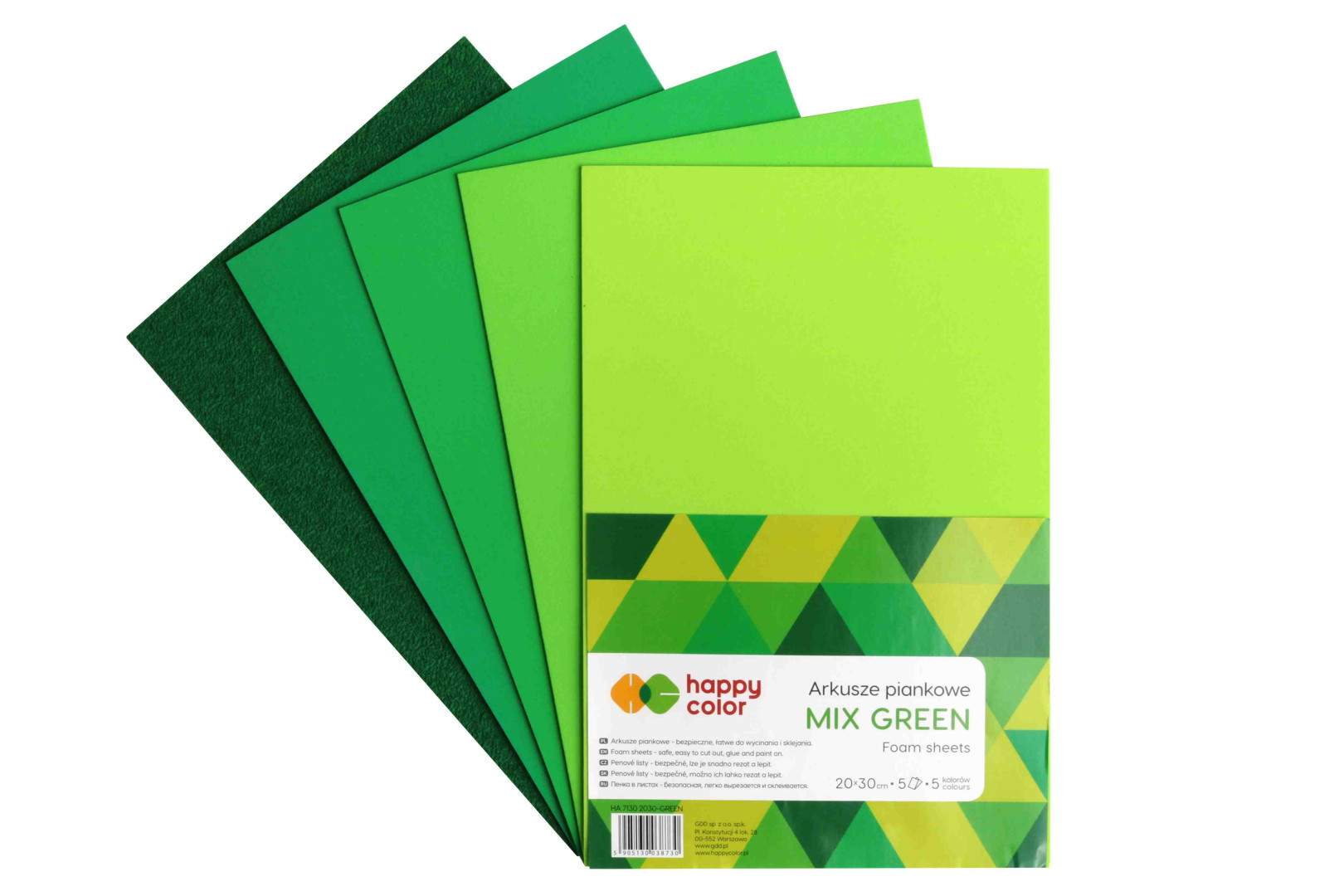 Arkusze piankowe A4 MIX Green (5) 5 kol. 2 rodzaje Happy Color HA 7130 2030-GREEN