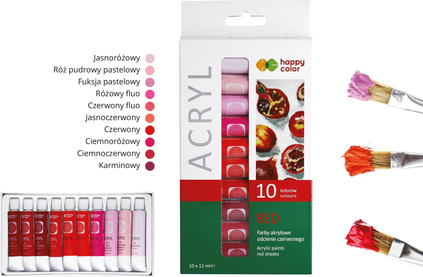 Farba akrylowa 12ml 10 kolorów Happy Color odcienie czerwonego