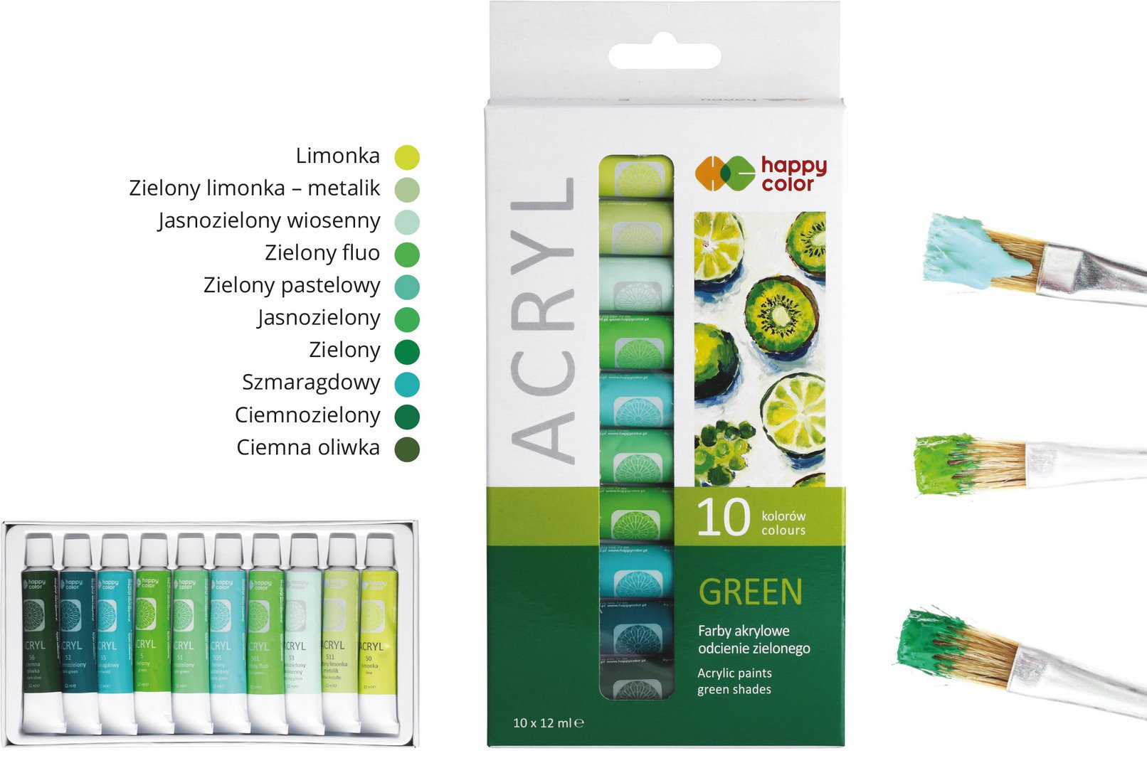 Farba akrylowa 12ml 10 kolorów Happy Color odcienie zielonego