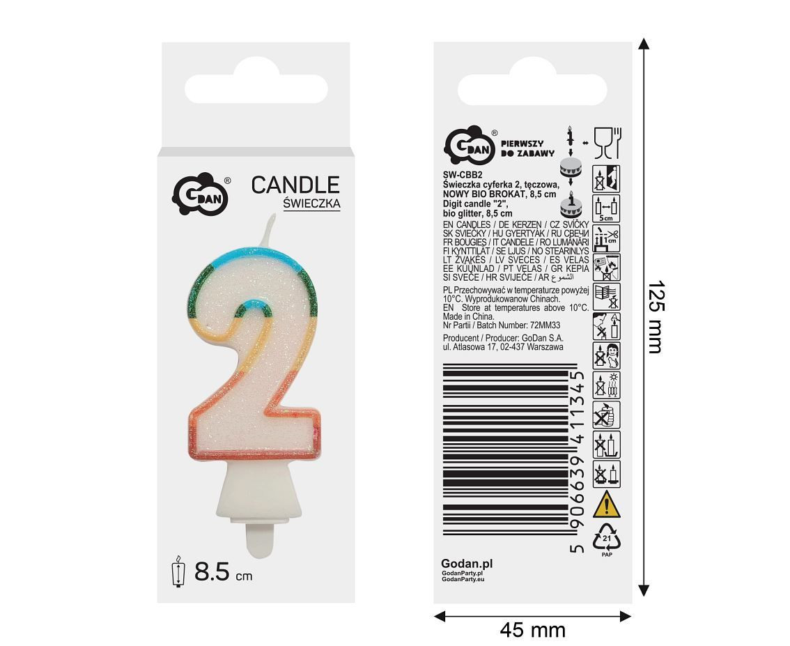 Świeczka cyferka 2 tęczowa Nowy Bio Brokat 8,5cm SW-CBB2 Godan