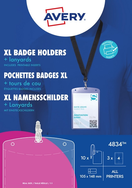 Zestaw identyfikatorów XL  ze smyczą  A6 (10szt+12 wkł.) 4834 Avery Zweckform