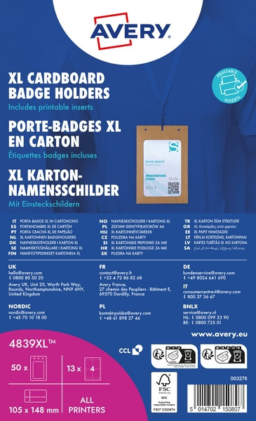 Zestaw holderów na identyfikatory tekturowe XL A6 (50szt+52 wkł.) Avery Zweckform