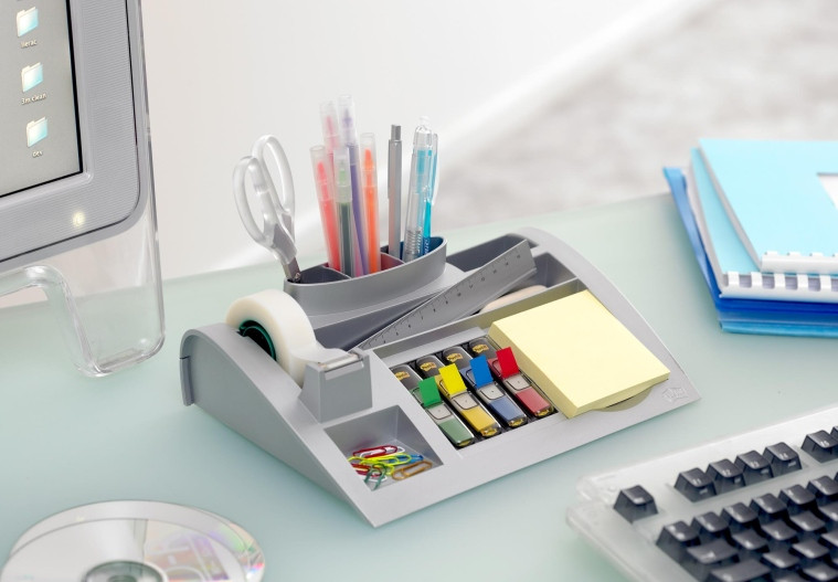 Organizer przybornik na biurko Post-it metalowy +karteczki zakładki taśma GRATIS