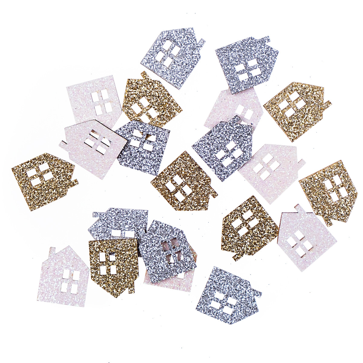 Drewniane brokatowe domki dwustronne 1,7x2,2cm 21szt złoty, srebny, biały DPDN-147 Dalprint