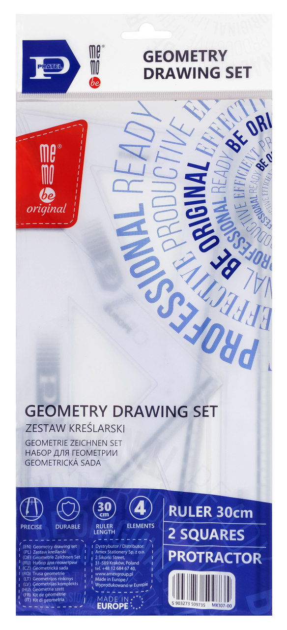 Zestaw kreślarski MemoBe z linijką 30cm Pratel